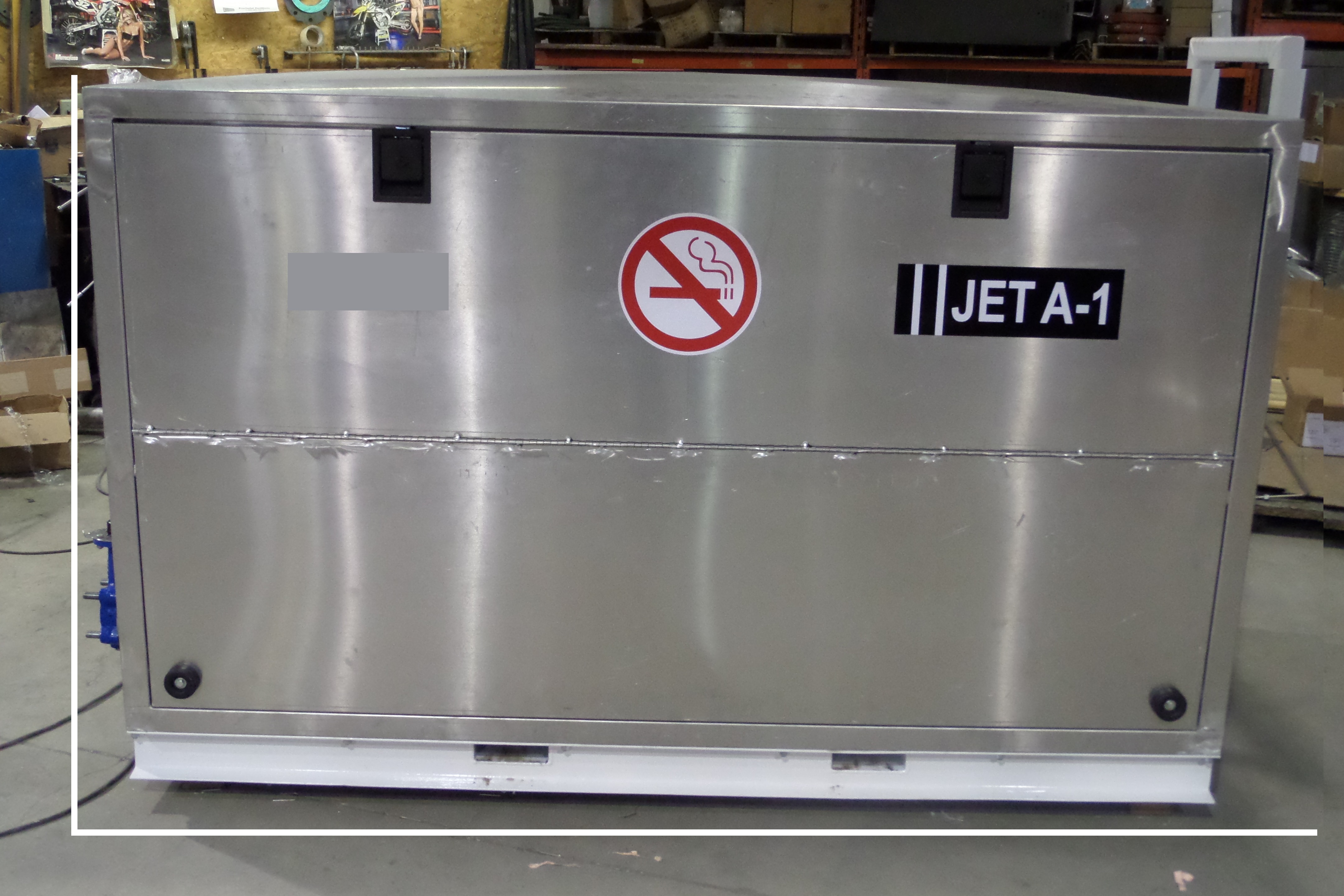 Closed aluminum aviation fuel dispensing cabinet labeled Jet A-1