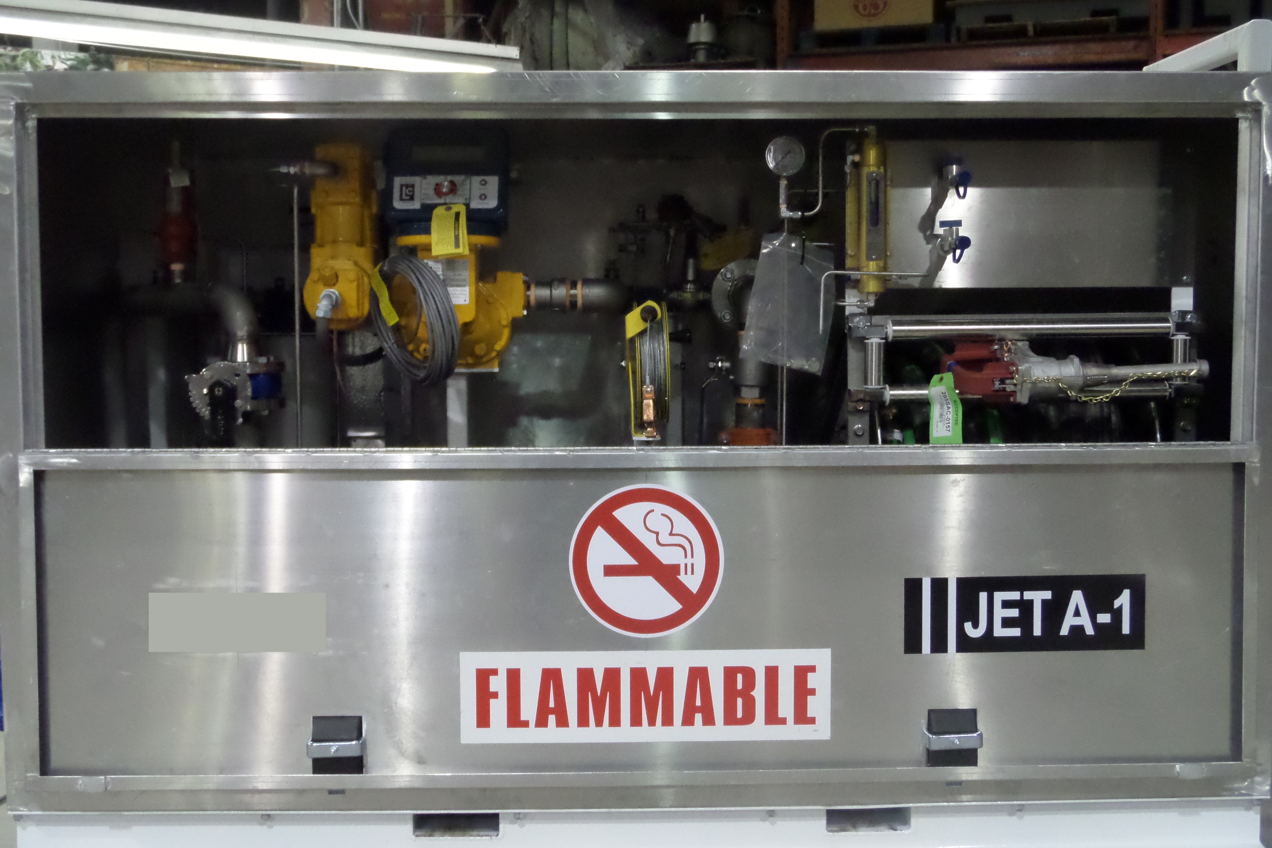 Open aviation fuel dispensing cabinet with internal pump, controls and nozzle hardware