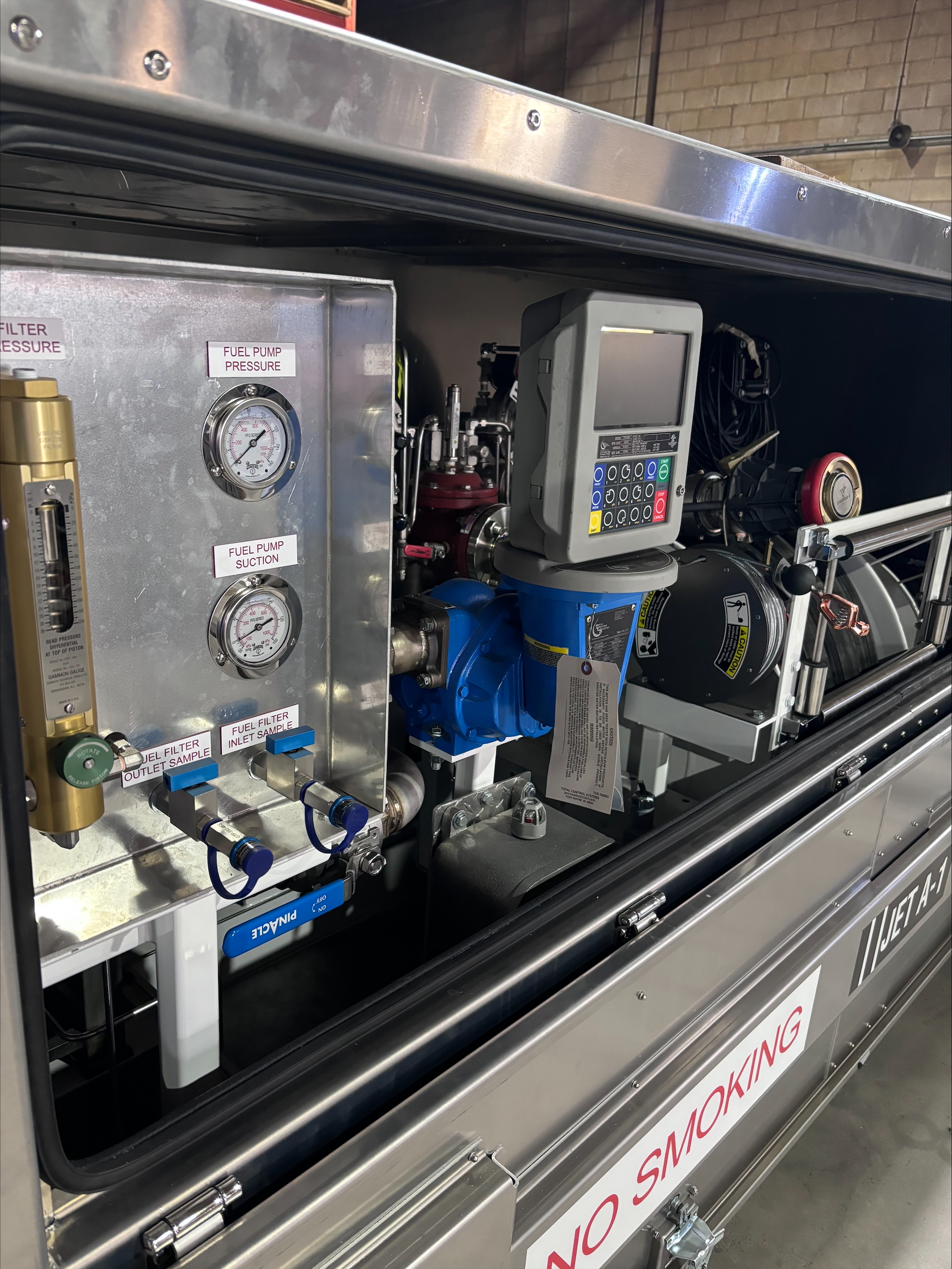 Aviation dispensing cabinet controls and metering panel