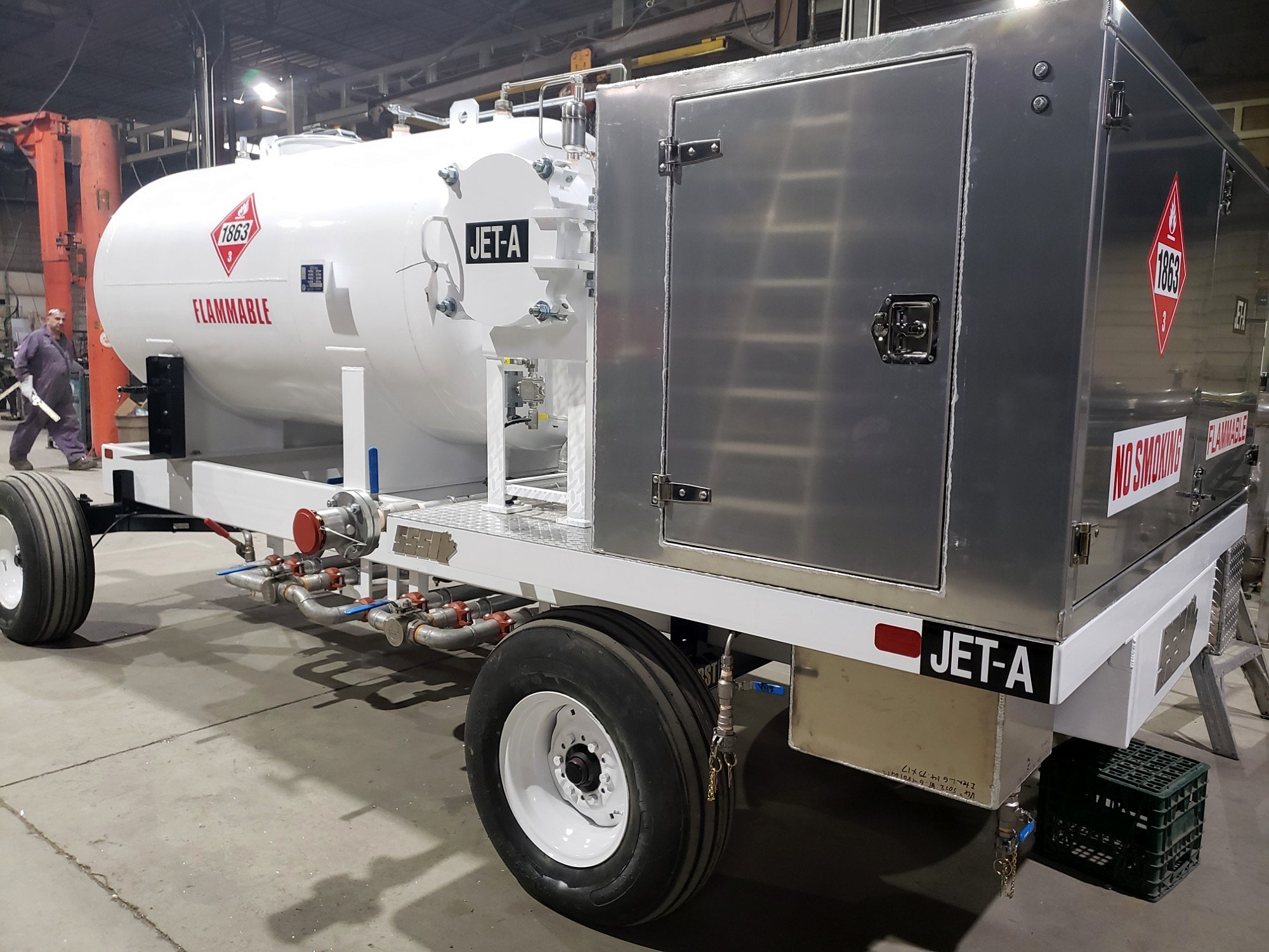 Towable Jet-A bowser cart with tank and aluminum equipment cabinet
