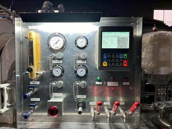 Hydrant servicer control panel with gauges, meter and operating controls