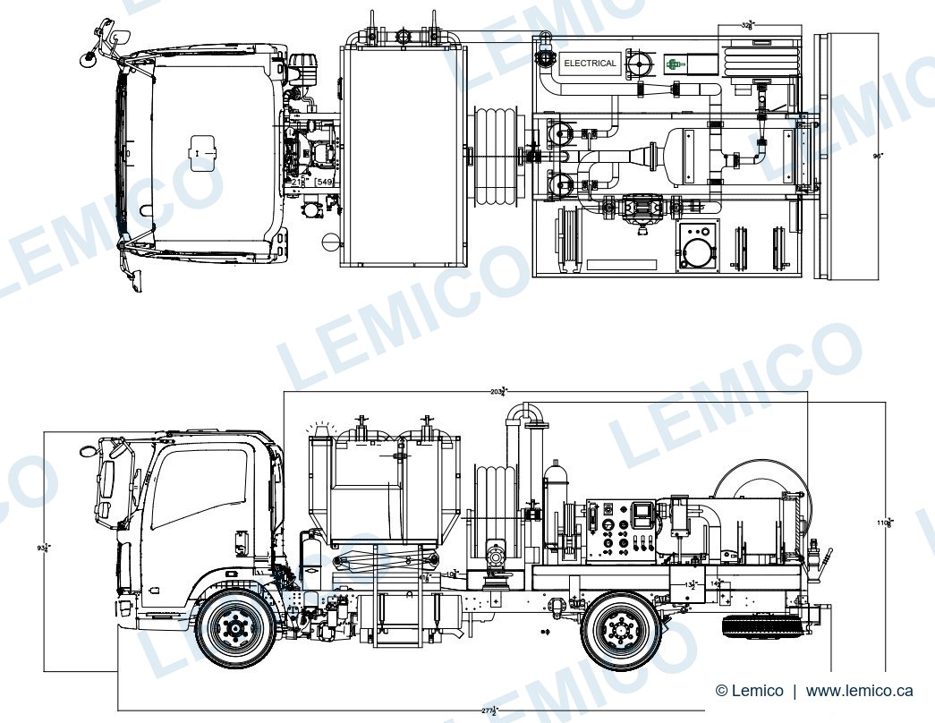 General arrangement drawing of a hydrant servicer truck, plan and side view
