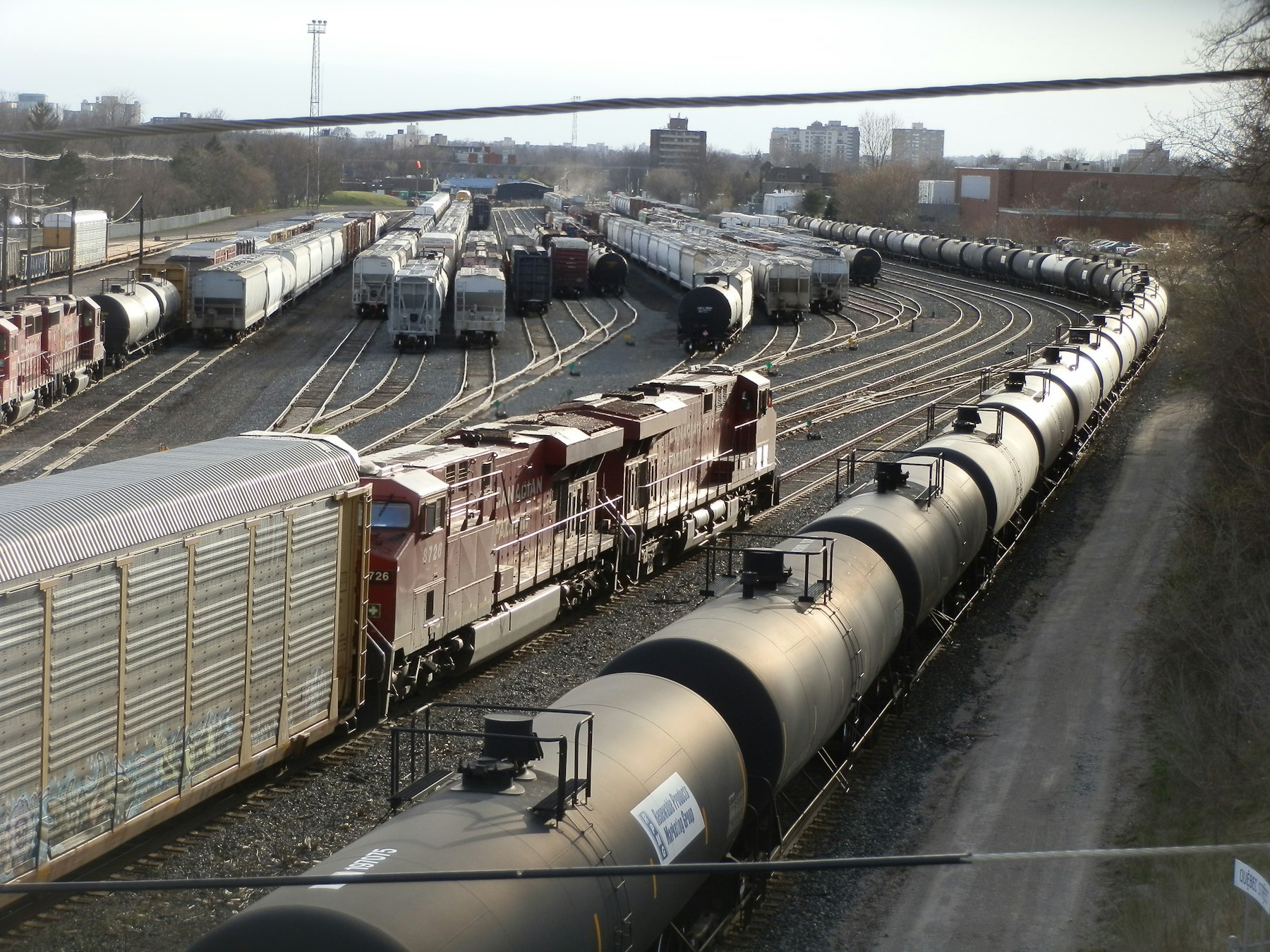 Rail yard with tank cars at a transloading terminal