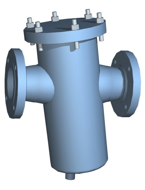 strainer basket 3D rendering showing flanged connections and bolted cover
